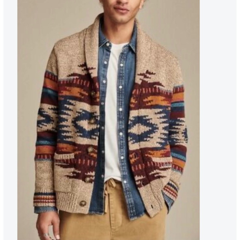 Lucky Brand Mens XL Southwestern Shawl Collar Earthtones Cotton Cardigan Sweater